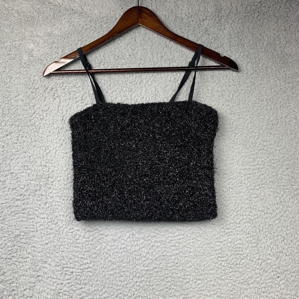 Forever 21 Shirt Womens Small Black Fuzzy Eyelash Crop Top Adjustable Straps